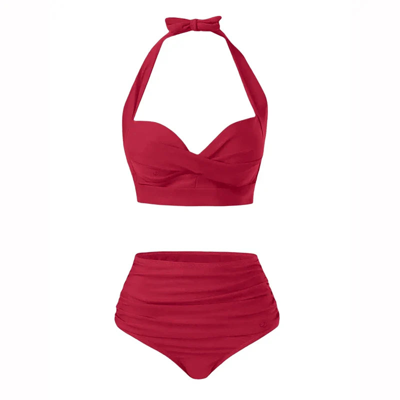 2025 Women's Bikinis Set Solid Color Knot Twist Bikini Swimsuit High Waist Adjustable Strap Two Piece Bathing Swimwear