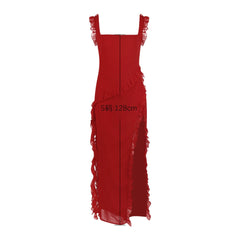 High Quality Summer Elegant Maxi Chiffon Dress Woman  Trendy Square Neck Long Ruffle Party Evening Dress Red