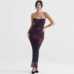 Floral Print Maxi Prom Dress Sexy Mesh Celebrity Evening Party Dresses Bodycon Spaghetti Strap Summer Women Dresses