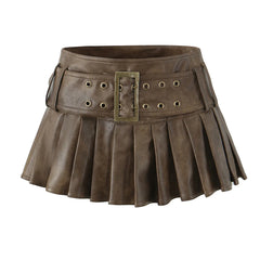 Korean Fashion Faux Leather Skirts For Woman Mini Skirts Low Waist Summer Vintage PU Leather Pleated Skirt With Belt Brown