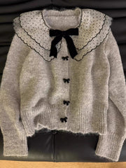 Bomon Autumn/Winter Knit Top Loose And Lazy Autumn/Winter Soft Waxy Grey Doll Collar Bow Sweater Cardigan Coat For Women