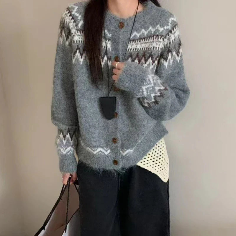 Fair Isle Sweater Cardigan Women Long Sleeve Button-Up Crewneck Knitted Jacket Cardi Female Knitwear Fall Winter Vintage Outfit