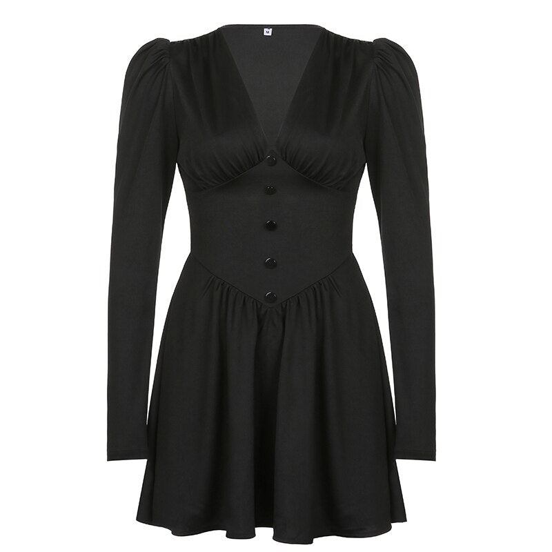 V-Neck Long Sleeve Pleated Party Dress