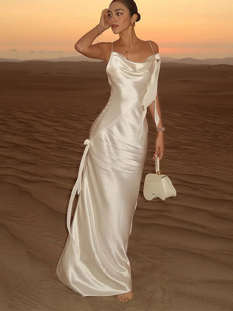 Elegant White Satin Backless Maxi Dress For Women Sexy Bodycon Sleeveless Tassels Pleated Long Dresses Vocation Beach Party Robe