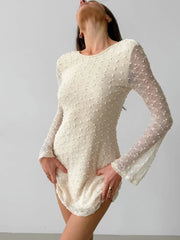 Apricot Sexy Slim Fit Round Neck Lace Up Jacquard Short Dress Fashion Chic Flare Sleeve Backless Sexy Women Dress 2025 New