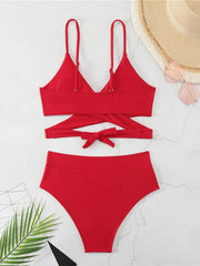 V Neck Cross String Two Piece High Waist Bikini Swimsuit Women Swimwear Female Bather Bathing Swimming Swim Suit Beachwear