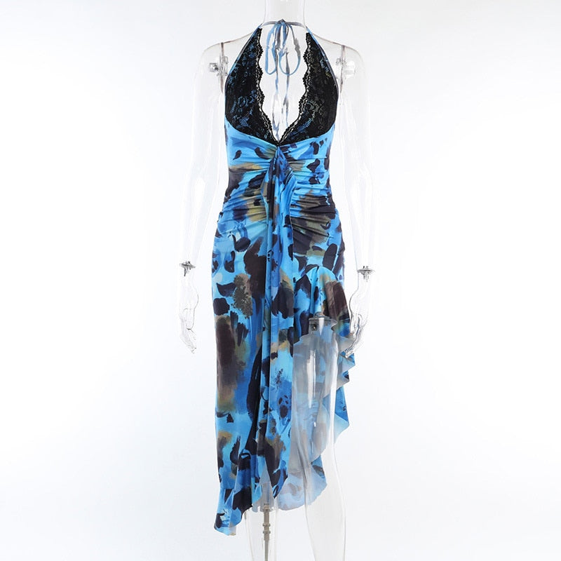 Lace Patchwork Deep V Neck Print Maxi Dress Women Gown Summer New Sleeveless Backless Irregular Ruffle Sexy Long Dress