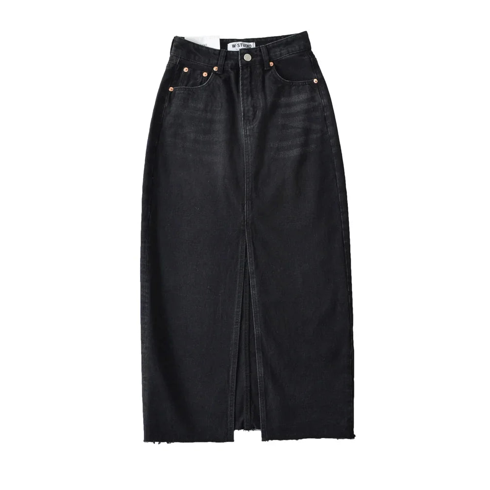 Fall Midi skirts vintage clothes y2k korean style skirts for women blue jeans skirt high waisted denim skirt black front slit