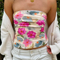 Floral Pattern Tube Top Bandeau y2K Coquette Folds Strapless Crop Top Fairy Sexy Backless Slim Fit Vest Women Boho Beach Clothes