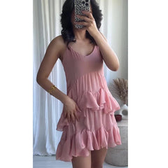 Asymmetric Ruffle Hic Party Dress For Summer V-neck Solid Color Pink Fashion Women Slip Dress Streetwear Holiday Female Clothes