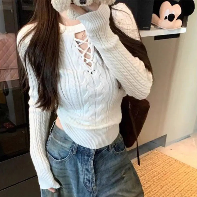 Half Lace Up Sweater for Women Long Sleeve Slim Fit Knitted Tops Pullovers Femal Lace-up Jumper Autumn Winter Y2K Outfit
