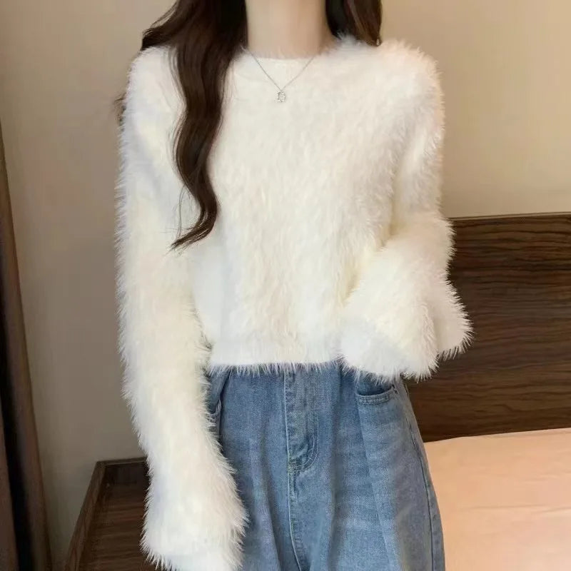 Women's Fuzzy Knitt Top Long Sleeve Mock Neck Fluffy Sweater Pullovers Cozy Plain Jumper Teen-girl Fall Winter Y2K Outfit