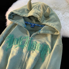 Harajuku Letter Embroidery Hoodies Women Long Sleeve Zip Up Oversize Gothic Hooded Sweatshirts Y2K Retro Angel Ears Jacket Coats