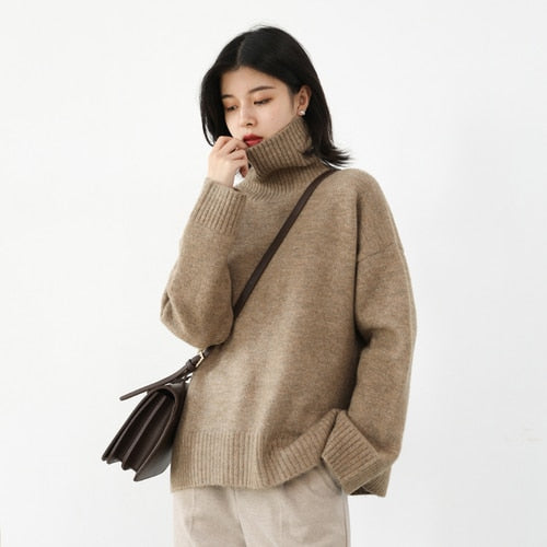 Korean Women's Sweater Loose Turtleneck Sweaters Warm Solid Pullover Knitwear Basic Female Tops Autumn Winter