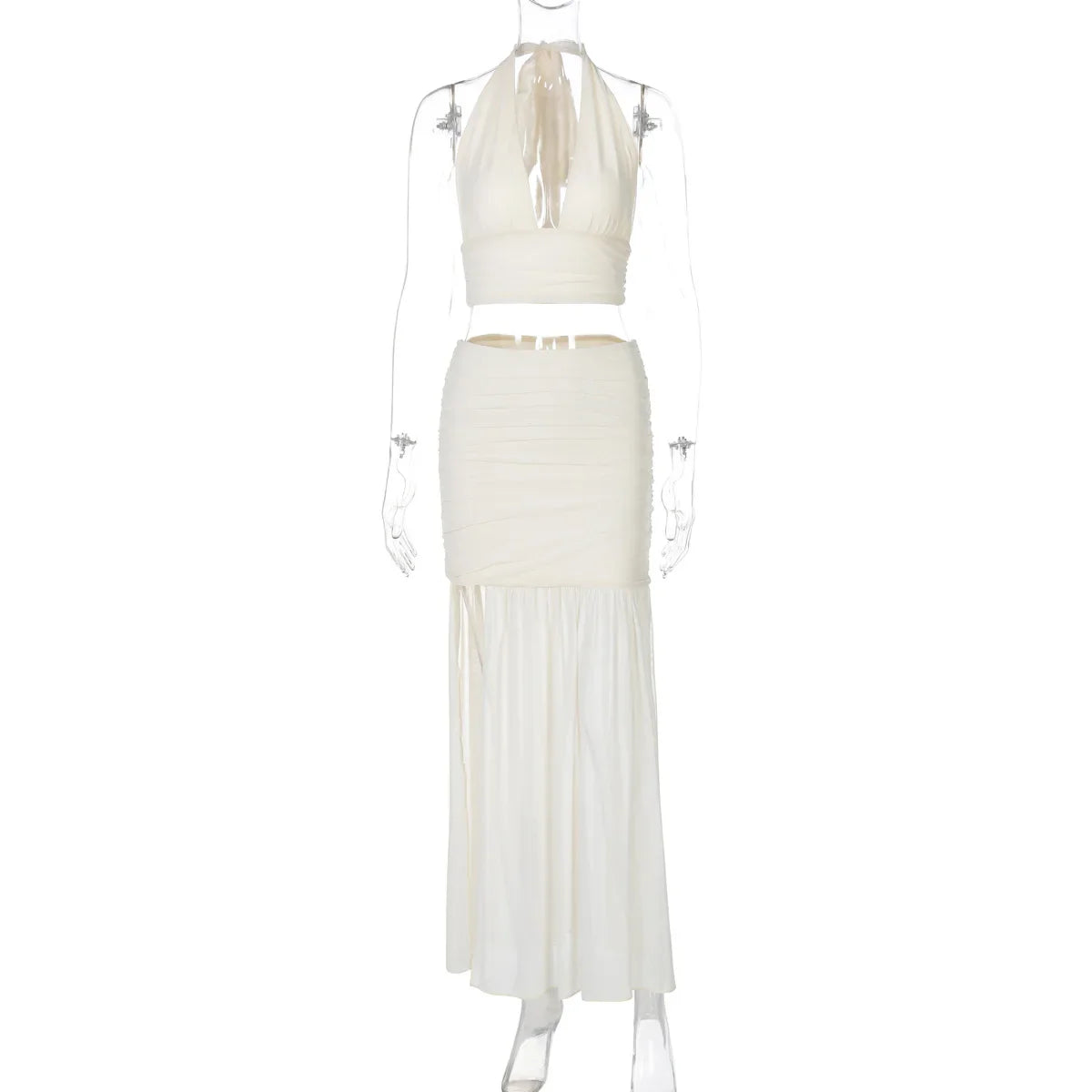 Women V neck Vest Skirts Set Slim Sexy Halter Tanks Top  Mesh Splice Slit Long Skirt Solid Casual Two Piece Set Female
