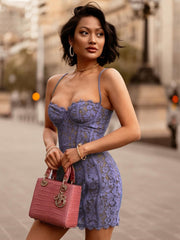 High Quality Women Bodycon Party Dress Lace Elegant Dress Purple Vintage Mini Dress Spaghetti Strap Dress For Club Evening Prom