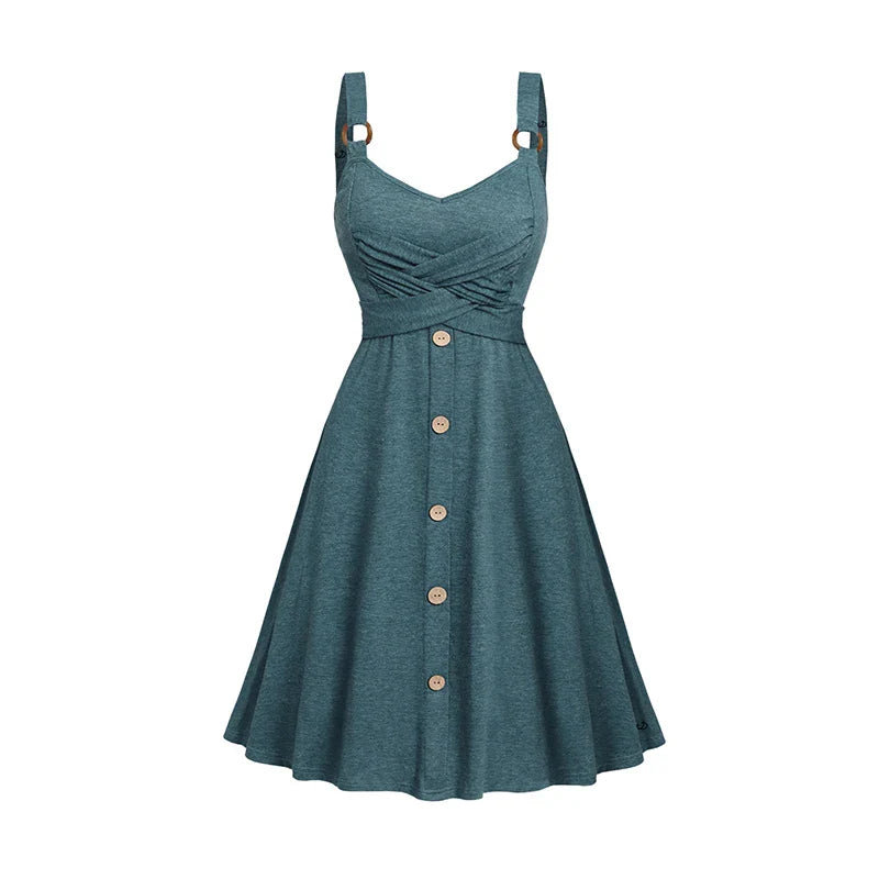 2025 Women's Summer Dresses Heather Crossover Mock Button Dress O Ring Strap High Waisted A Line Mini Casual Dress