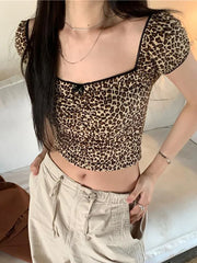 Leopard Print T-shirt Women Y2k Harajuku Slim Crop Top Kpop Korean Vintage Sexy Square Collar Short Sleeve Tee Summer