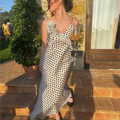 Women's Polka Dot Layered Decorative Satin Sleeveless Suspender Dress Ruffle Slim Chic Party Dress Fashion Female Clothing 2025