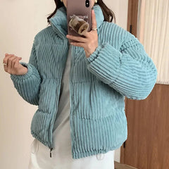 Women Short Parkas Jackets Autumn Winter Corduroy Long Zipper Thick Warm Outwear Coats Female Winter Jackets parkas Coats