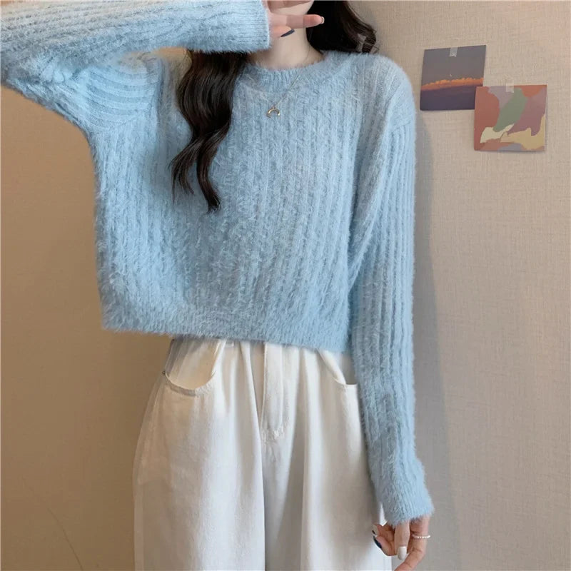 Fuzzy Knit Top Women Pullover Long Sleeve Plain Crop Sweate Pink Fluffy Jumper for Women Teen-girl Fall Winter Y2K Outfit