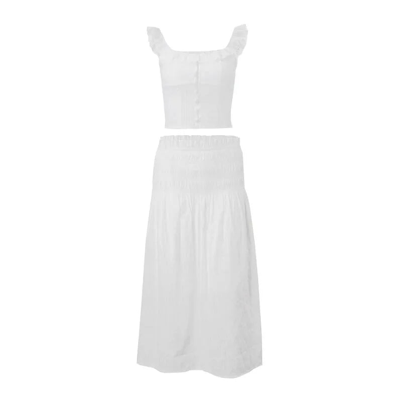 2 Piece Skirt Sets Summer New Sexy Suspenders Long Skirts For Women Fashion Crop Top Outfits Beach Vacation Pleated Y2k Clothes