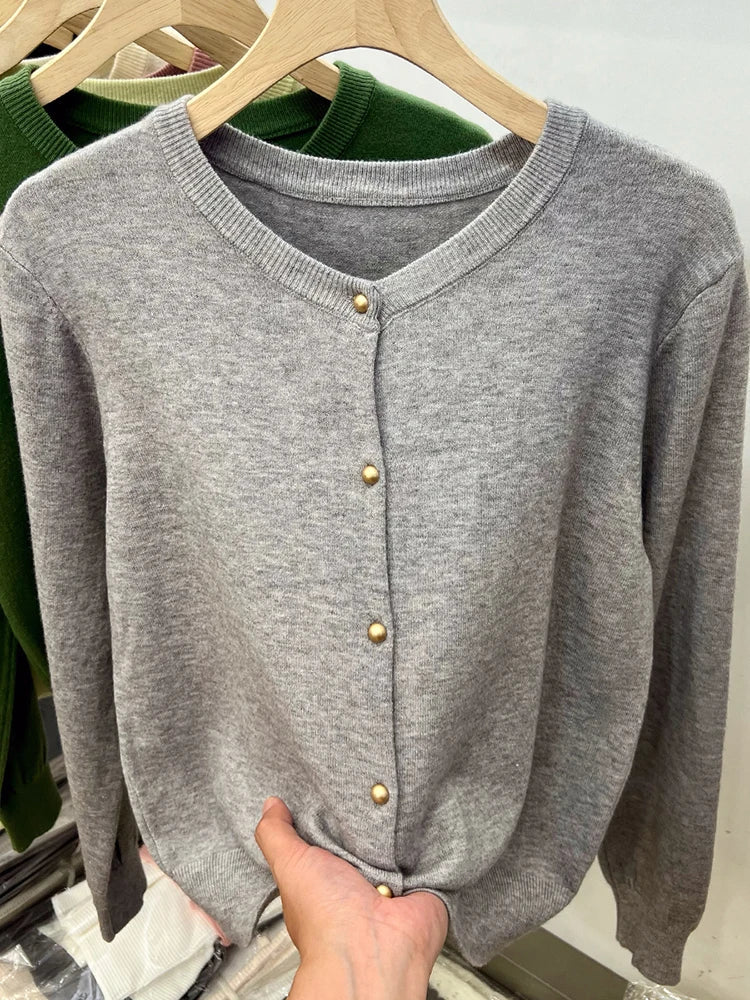 Gold Button Long Sleeve Sweaters Cardigan for Women Spring Autumn O-Neck Button-up Knit Jacket Tops Knitwear Basic Tops