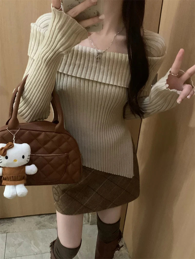 Off Shoulder Sweater Long Sleeve Ribbed Knit Sweater Fitted Pullovers Women Off-the-Shoulder Jumper Autumn Winter Outfit