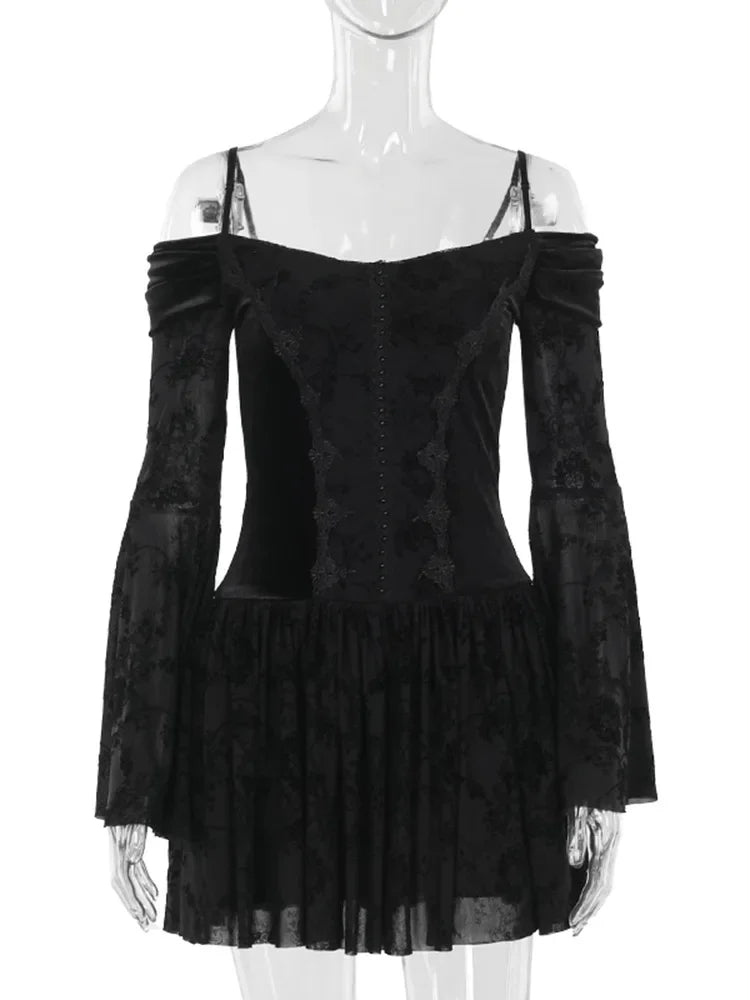 Goth Black Lace Flocking Off-Shoulder Flared Sleeve Party Dresses Y2K Vintage Velvet Patchwork A-Line Mini Dress Women
