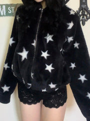 Autumn Winter New Y2k Women's Long Sleeve Hoodies Star Print Velvet Zipper Straight Loose Cardigan Design Warm