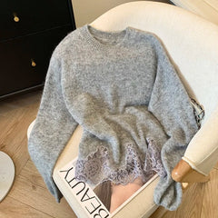 Women's Lace Splicing Sweater O-Neck Long Sleeve Japanese Y2k Aesthetic Streetwear Academy Sweater Autumn/Winter Clothing