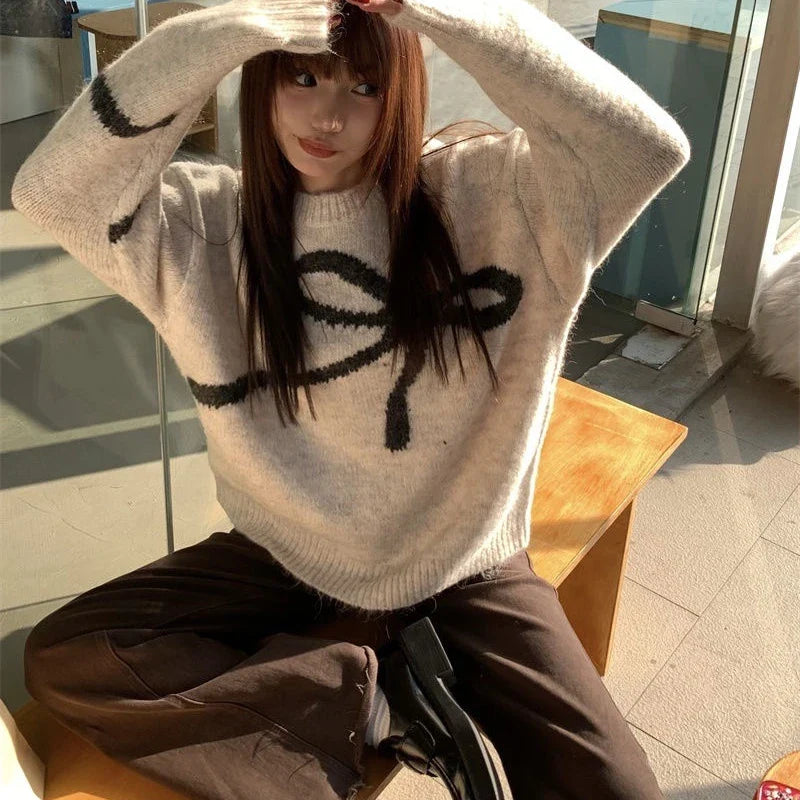Elegant Bow Sweaters Women Vintage Y2k Knitted Pullovers Autumn Winter Loose Long Sleeve Aesthetics Streetwear Jumpers