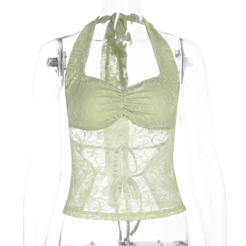 Lace Halter Neck Vest Women's Vacation Hot Girl Sexy Tanks Top Plunge Slim Sleeveless See Through Fashion Summer Camis