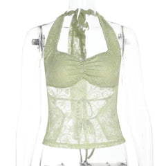 Lace Halter Neck Vest Women's Vacation Hot Girl Sexy Tanks Top Plunge Slim Sleeveless See Through Fashion Summer Camis
