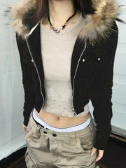 Autumn Trendy Velvet Short Women's Coat Zipper Faux Collar Hooded Simple All-Match Jackets Fashion New