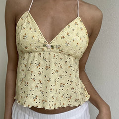 Floral Embroidered V Neck Bustier Crop Tops Y2K Backless Strappy Tie-up Halter Camis Fairy Coquette Ruffle Trim Sleeveless Vest