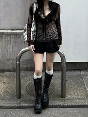 Y2k Retro Leopard Lace Trim V-Neck Blouses Women Velvet Long Sleeve Chic T-Shirt Trendy Clothes Autumn New