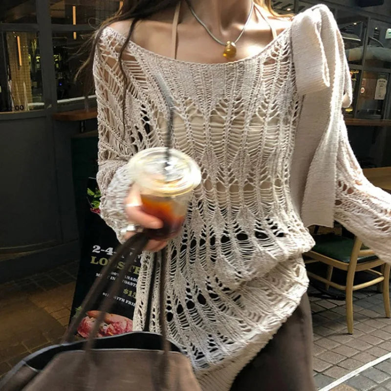 Coquette Y2k Women's Sweater Hollow out Knitwear Spring Oversize Knit Off The Shoulder Pullovers Streetwear Vintage