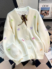 3D Floral Sweet Bow Cardigan Sweaters Women Preppy Style Loose V Neck Korean Knitted Jacket Casual Fashion Long Sleeve Fall Tops