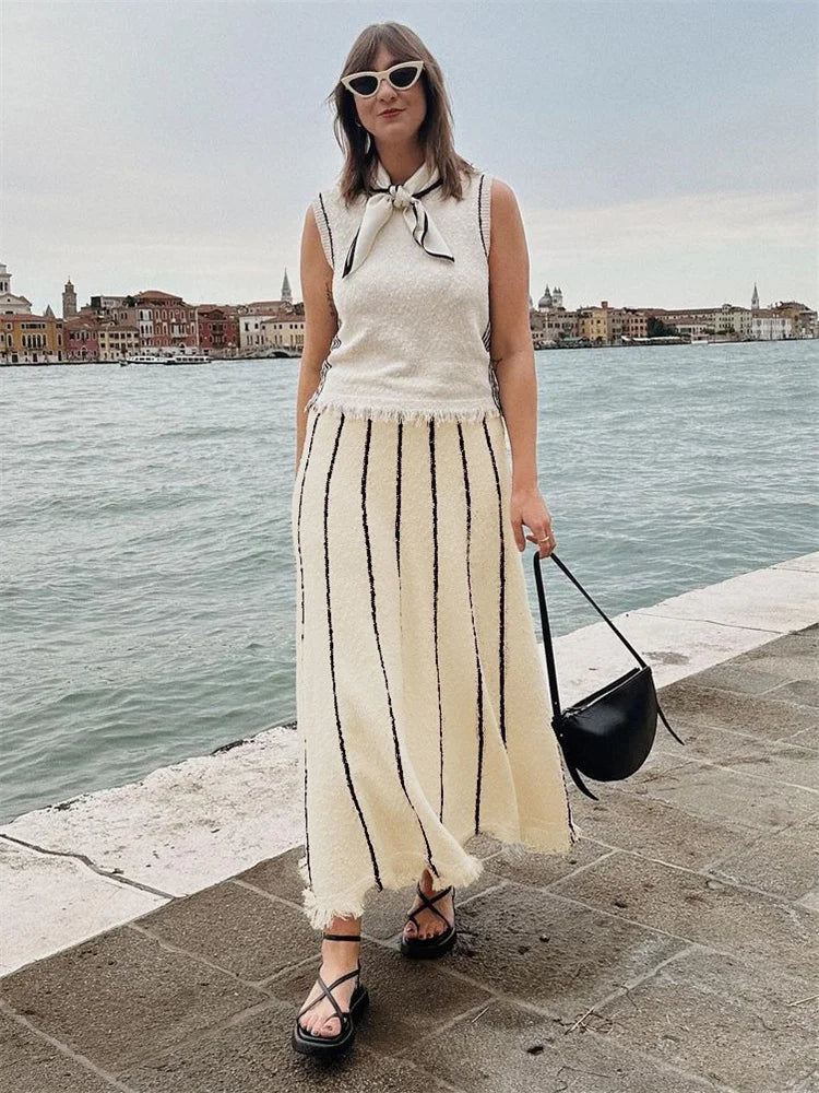 Striped Knitted Long Skirt Women Summer Tassel High Waist Maxi Skirts Women's Autumn Street Elegant Loose Skirts Female