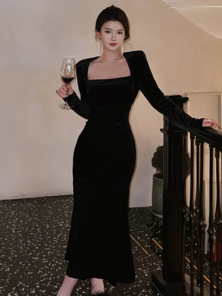 Elegant Solid Velvet Mermaid Dress for Women New Vintage Chic Square Collar Bodycon Evening Party Dresses Female Slim Vestidos