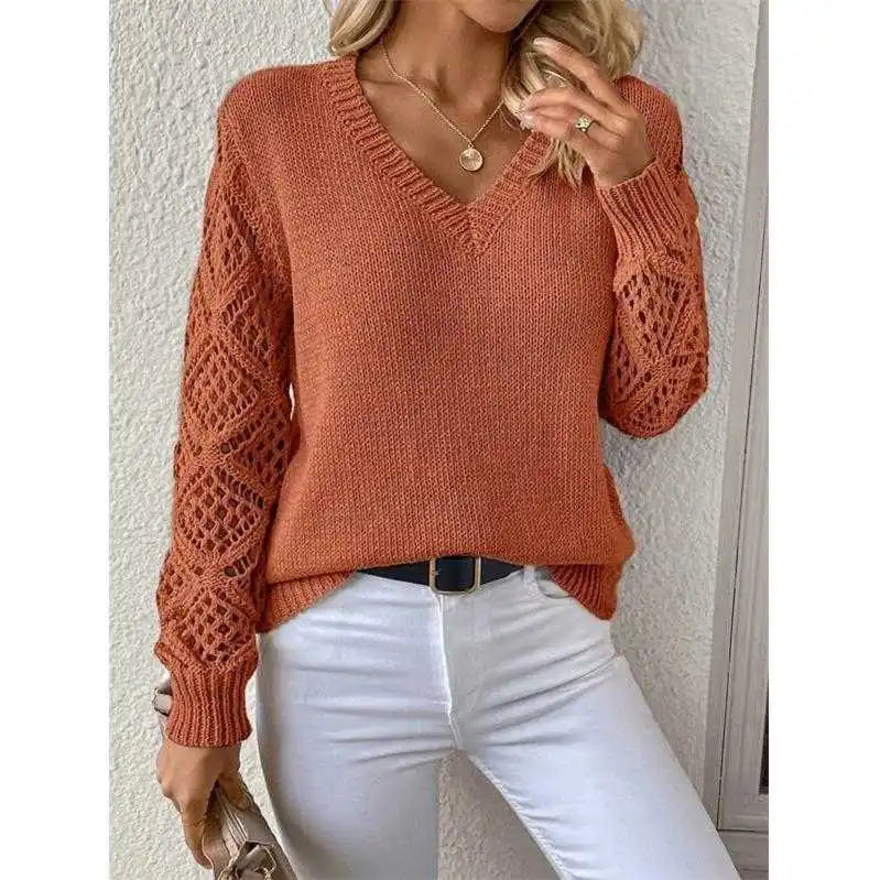 Long Sleeve Pointelle Knit Top Pullovers Women Sweater Openwork Long Sleeve V-neck Jumper Fall Winter Blusas Para Mujer Outfit