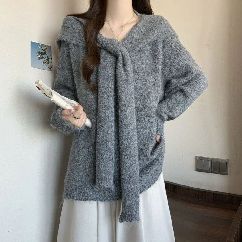 2000s Korean Fashion Loose Fake Two Piece Autumn Sweaters Y2k Pure Color Subculture Casual Long Sleeve Pullovers Sweaters Chic