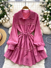 Gentle Korean Shirt Dress Female Single Breasted Lace Spliced Fashion Long Sleeve Women A Line Solid Autumn Chic Dress