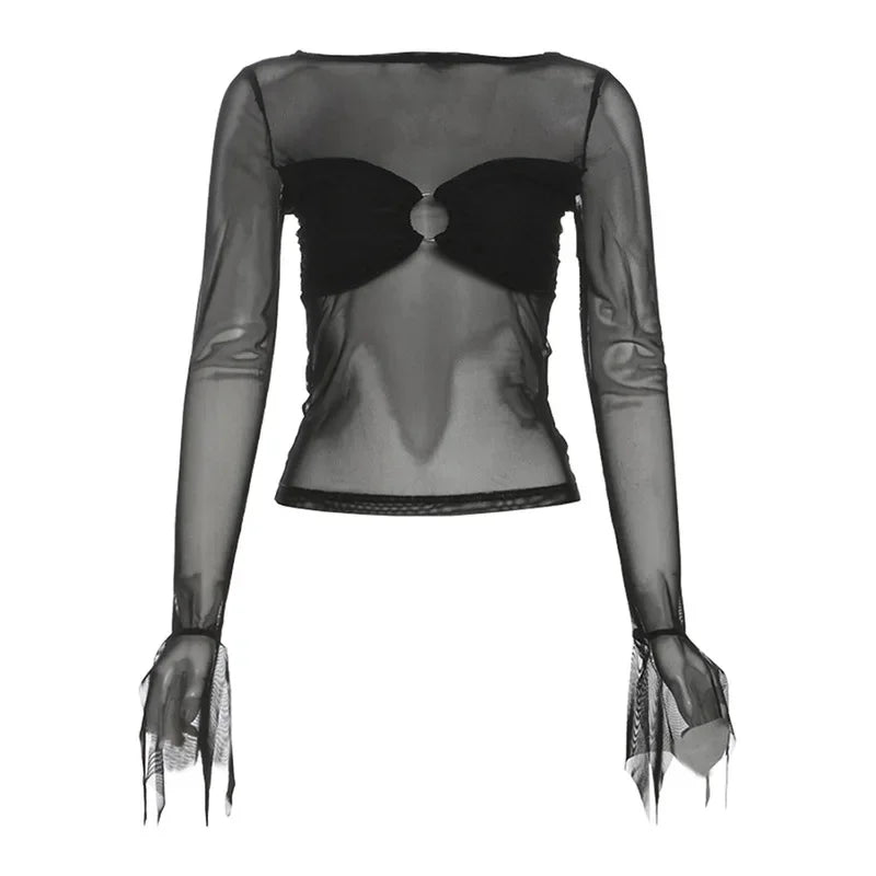 Y2K Aesthetics Women Mesh Sheer Crop Tops Hotsweet Lace Splic Slim T-shirts E-girl Sexy Clubwear See through Blouses