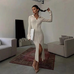 Turn Down Collar Button Ribbed Knitting Long Dress Tight Slit Women Dress Spring Autumn Solid Color Basic Simple Dresses