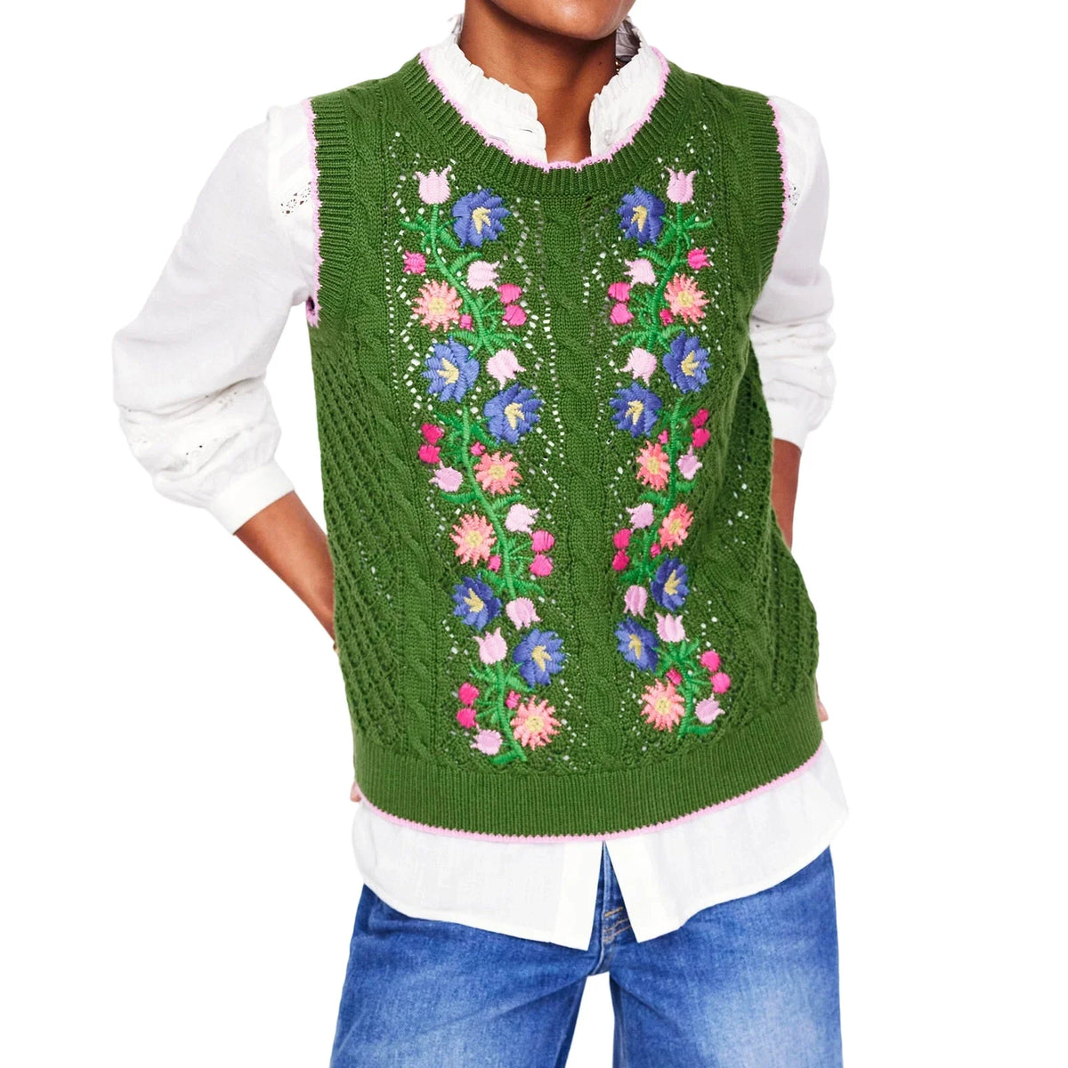 y2k Sweater Vest Women Cozy Stylish Flower Embroidered Crew Neck Sleeveless Knitted Tank Tops 2000s Clothing Streetwear