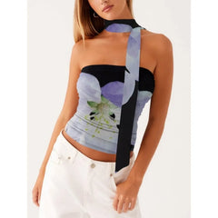 y2k Tube Tops with Scarf Women Sexy Cothes Floral Printed Off Shoulder Strapless T Shirts Bandeau Vest Club Streetwear