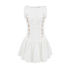 Flower Embroidery White Short Dress 2025 New Single Breasted Slim A-line Pleat Women Dress Sweet Y2K Street Female Clothes