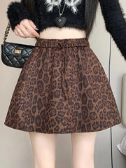 Y2K Leopard Mini Skirt Women High Waist Faux Suede Fabric A Line Skirts Streetwear Fall Winter Loose Vintage Sexy Skirts